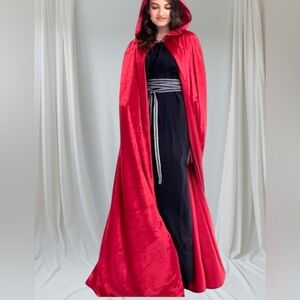 Vglook Red Velveteen Hooded Cape Cloak Open Front Size One Size Fits Most